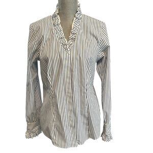 Brooks Brothers Ruffle-Collar Stretch Supima Cotton Shirt Women's 10 Blue Stripe